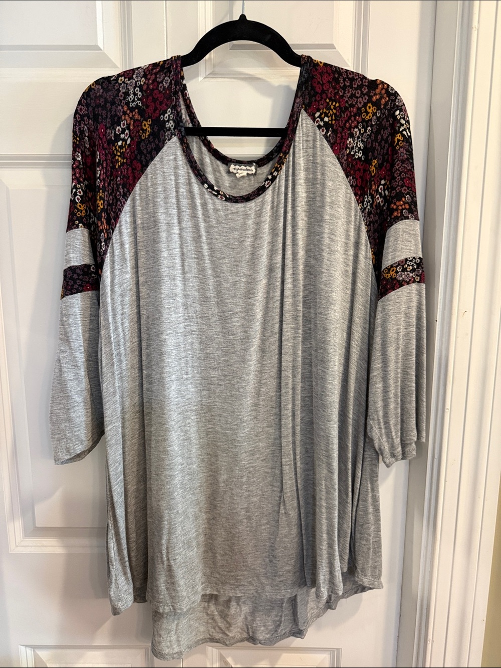 Eyeshadow Gray Tunic with Purple Floral Raglan Sleeves